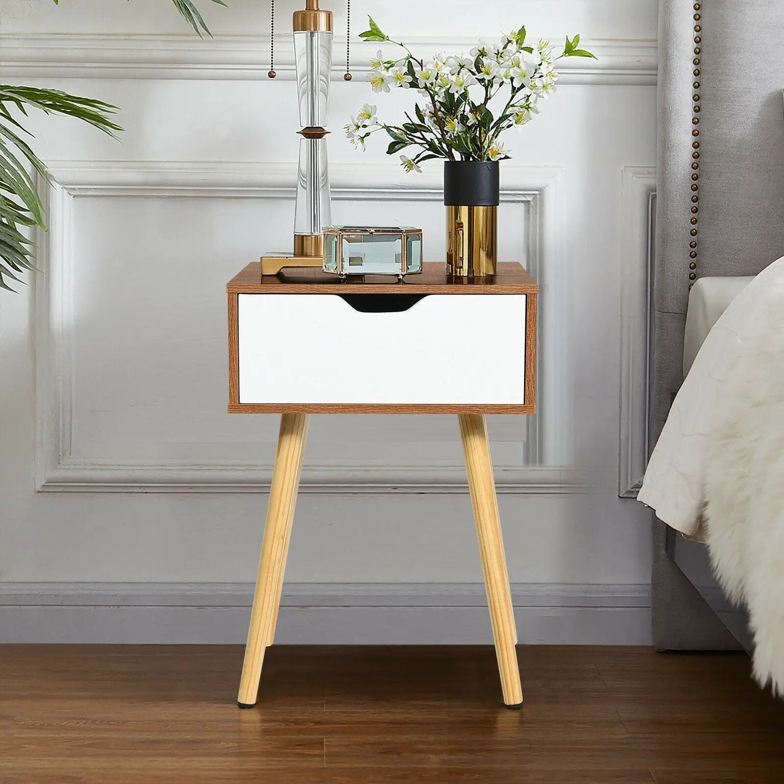 End Side Storage Drawer Nightstand with Solid Wooden Leg by DirectDeals
