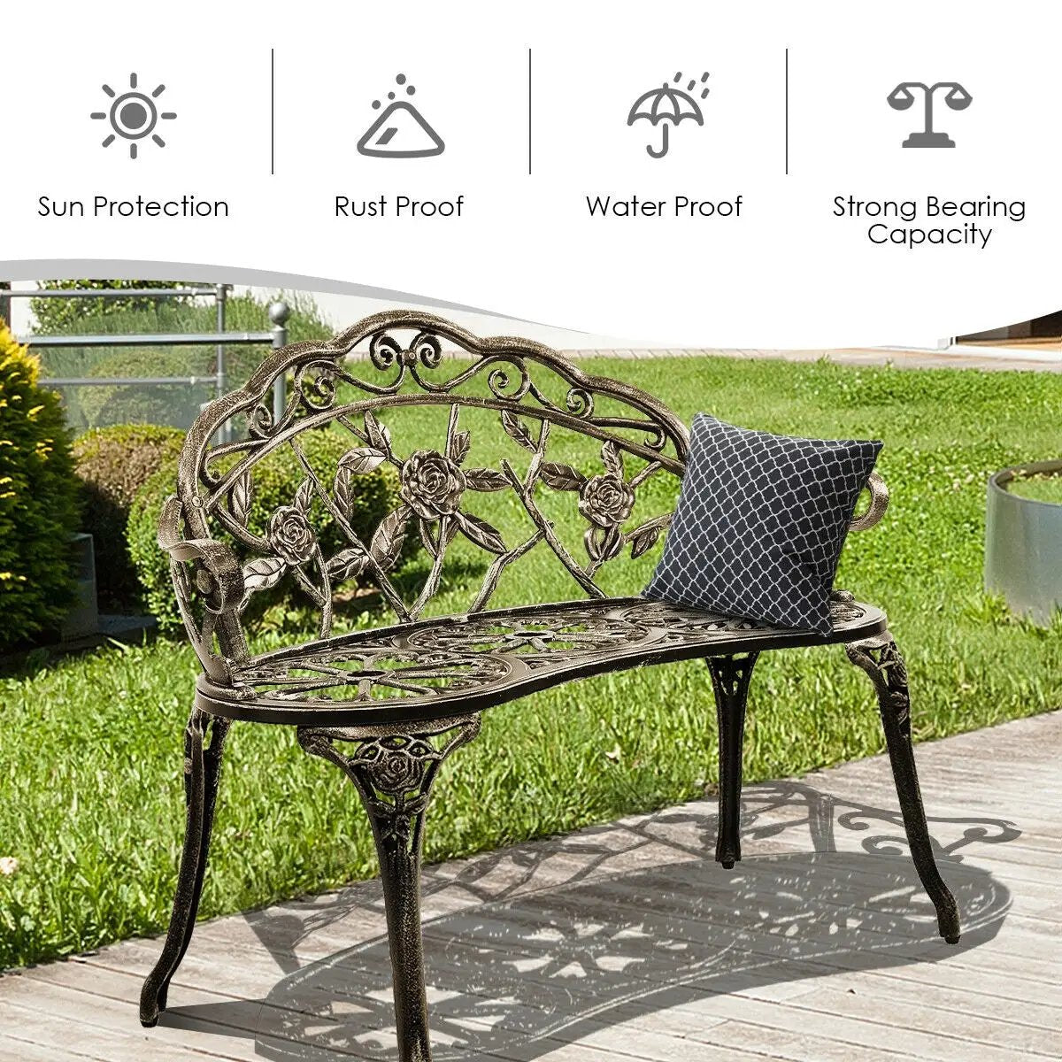 Outdoor Cast Aluminum Patio Bench Antique Rose by DirectDeals