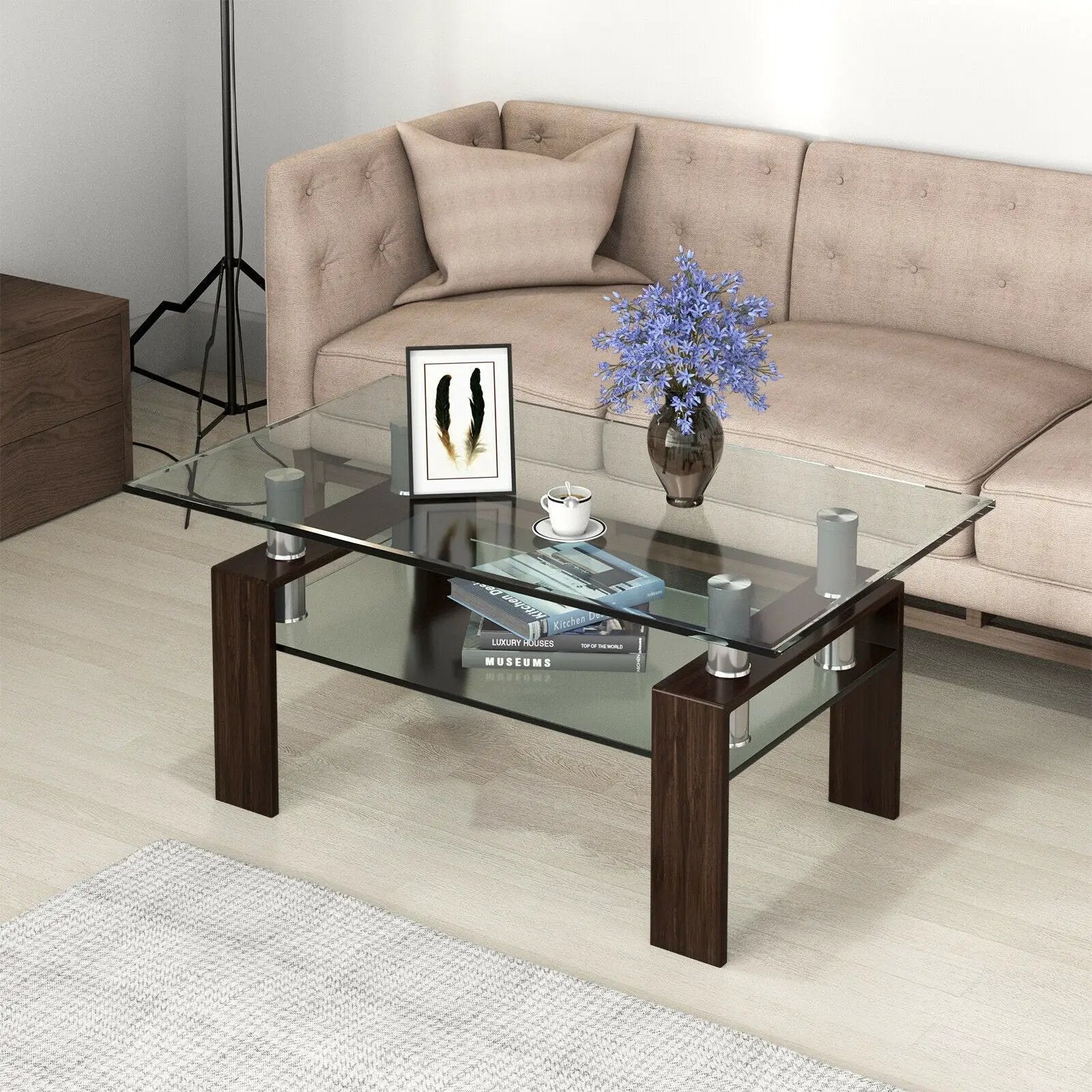 Rectangle Glass Coffee Table with Metal Legs for Living Room by DirectDeals