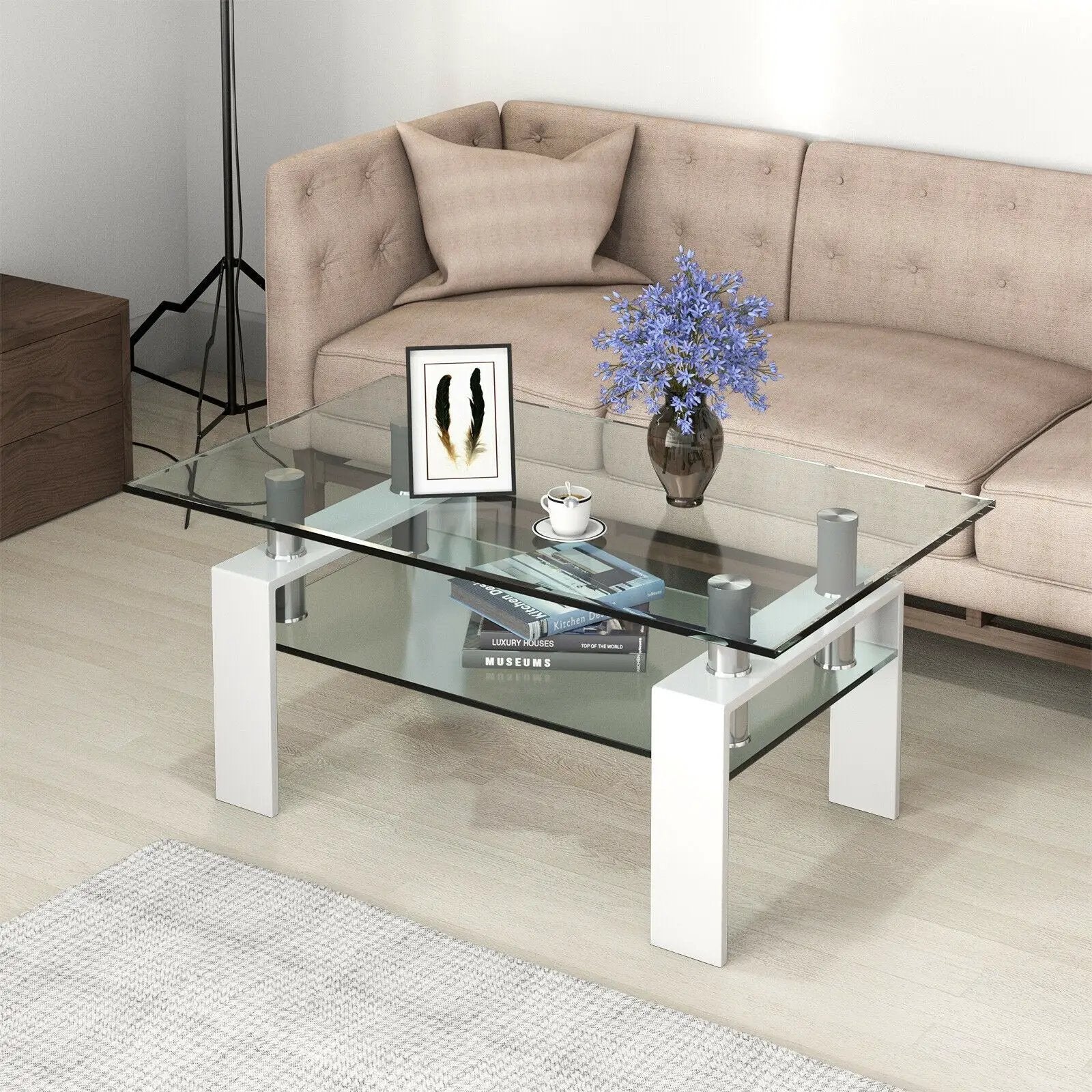 Rectangle Glass Coffee Table with Metal Legs for Living Room by DirectDeals