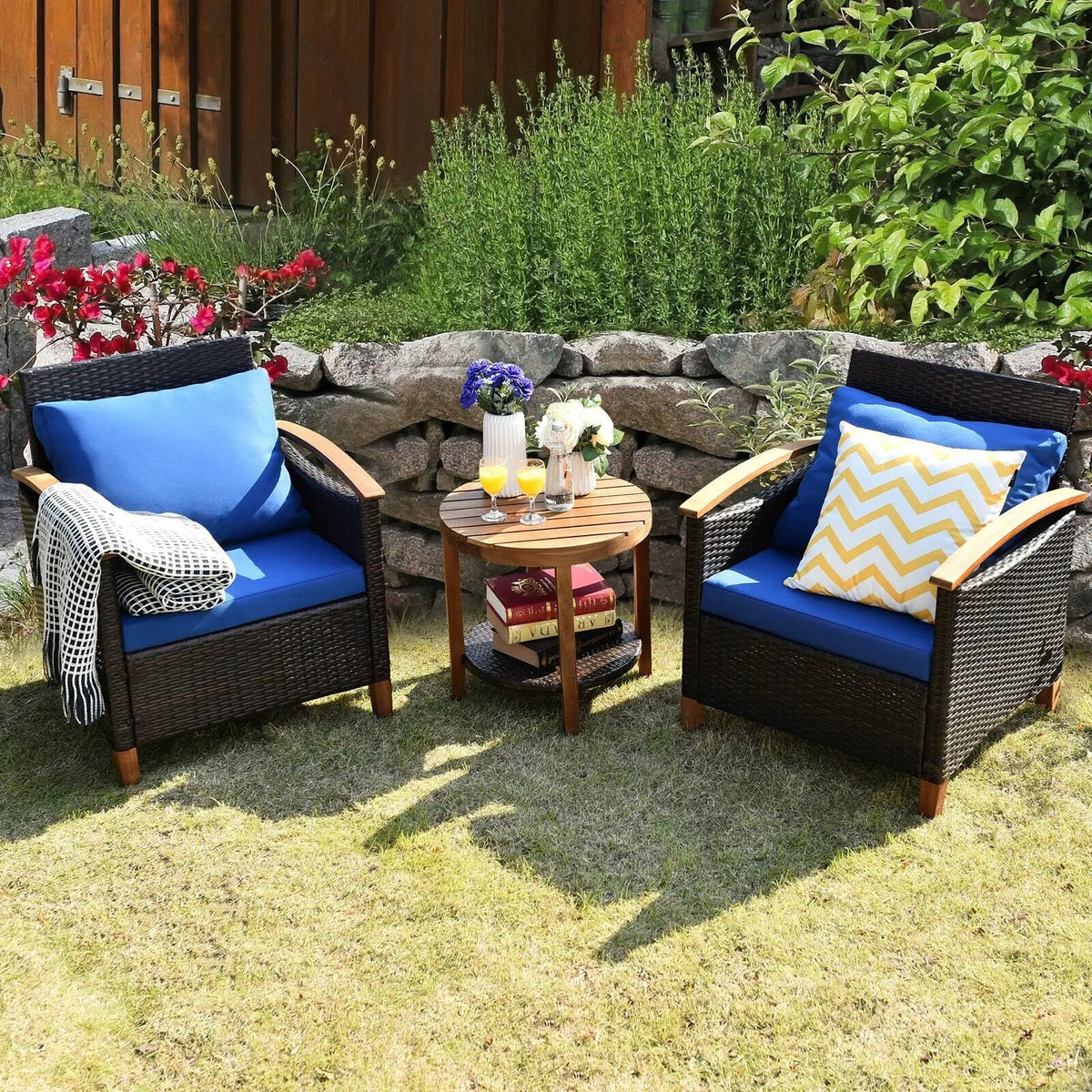 3 Pieces Patio Rattan Furniture Set with Washable Cushion and Acacia Wood Tabletop by DirectDeals