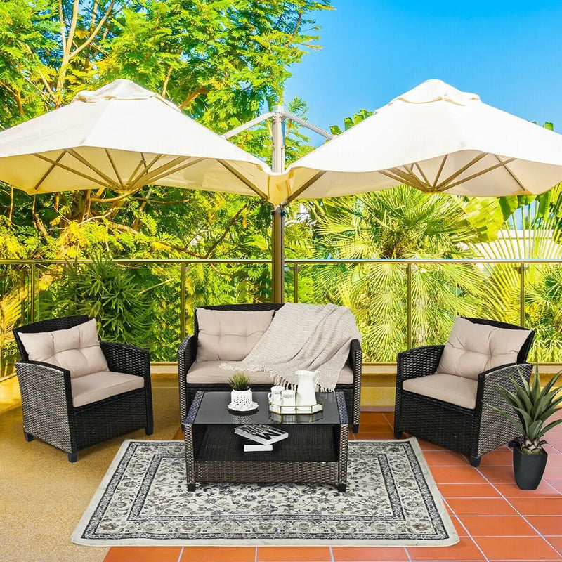 4 Pieces Outdoor Rattan Furniture Set with Glass Table by DirectDeals