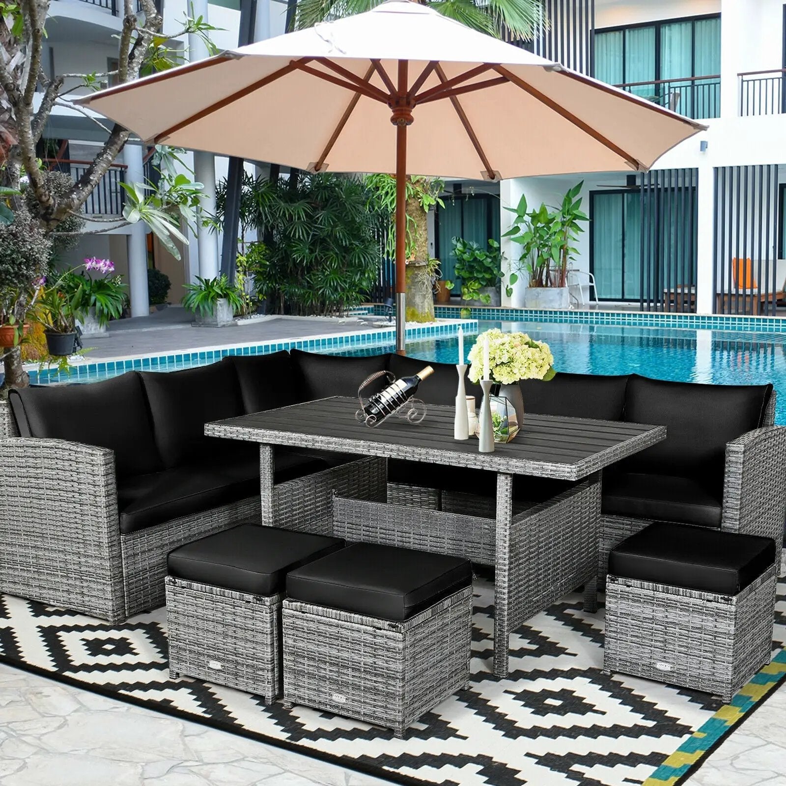 7 Pieces Patio Rattan Dining Furniture Sectional Sofa Set with Wicker Ottoman by DirectDeals