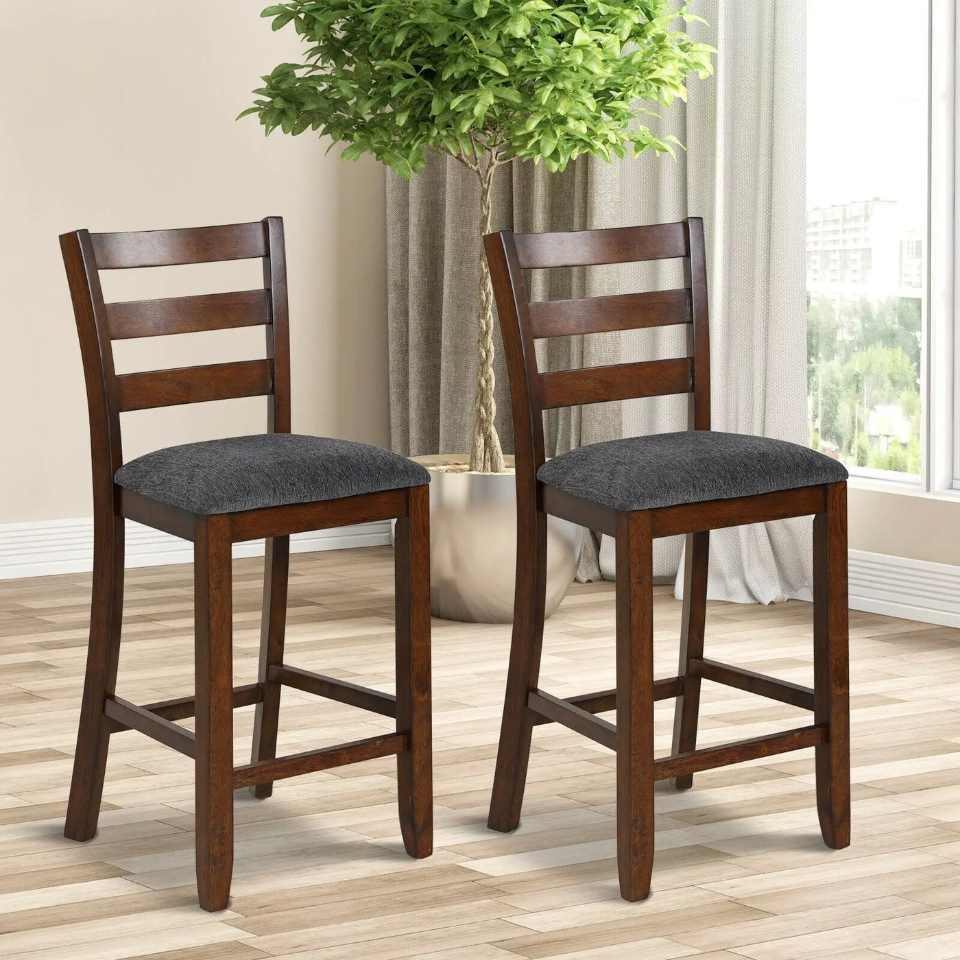 2 Pieces Counter Height Chairs with Fabric Seat and Rubber Wood Legs by DirectDeals