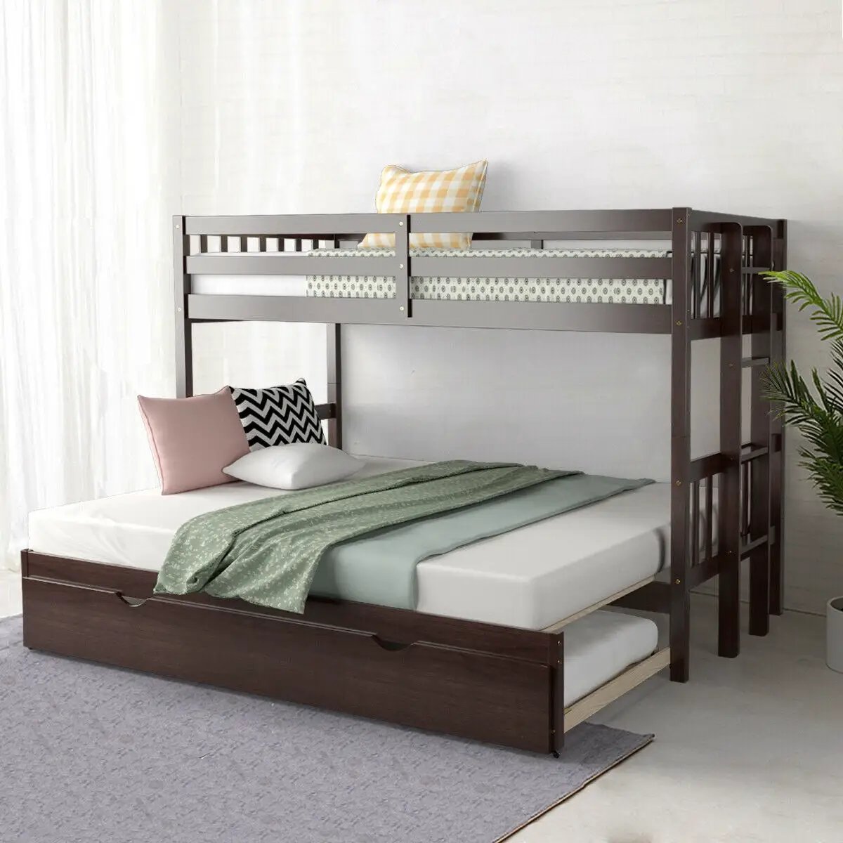 Twin Pull-Out Bunk Bed with Trundle Wooden Ladder by DirectDeals