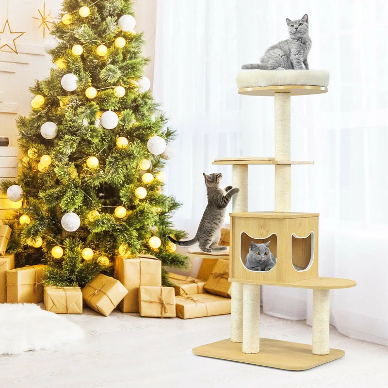 4 Levels Modern Wood Cat Tower with Washable Mats-Walnut by DirectDeals