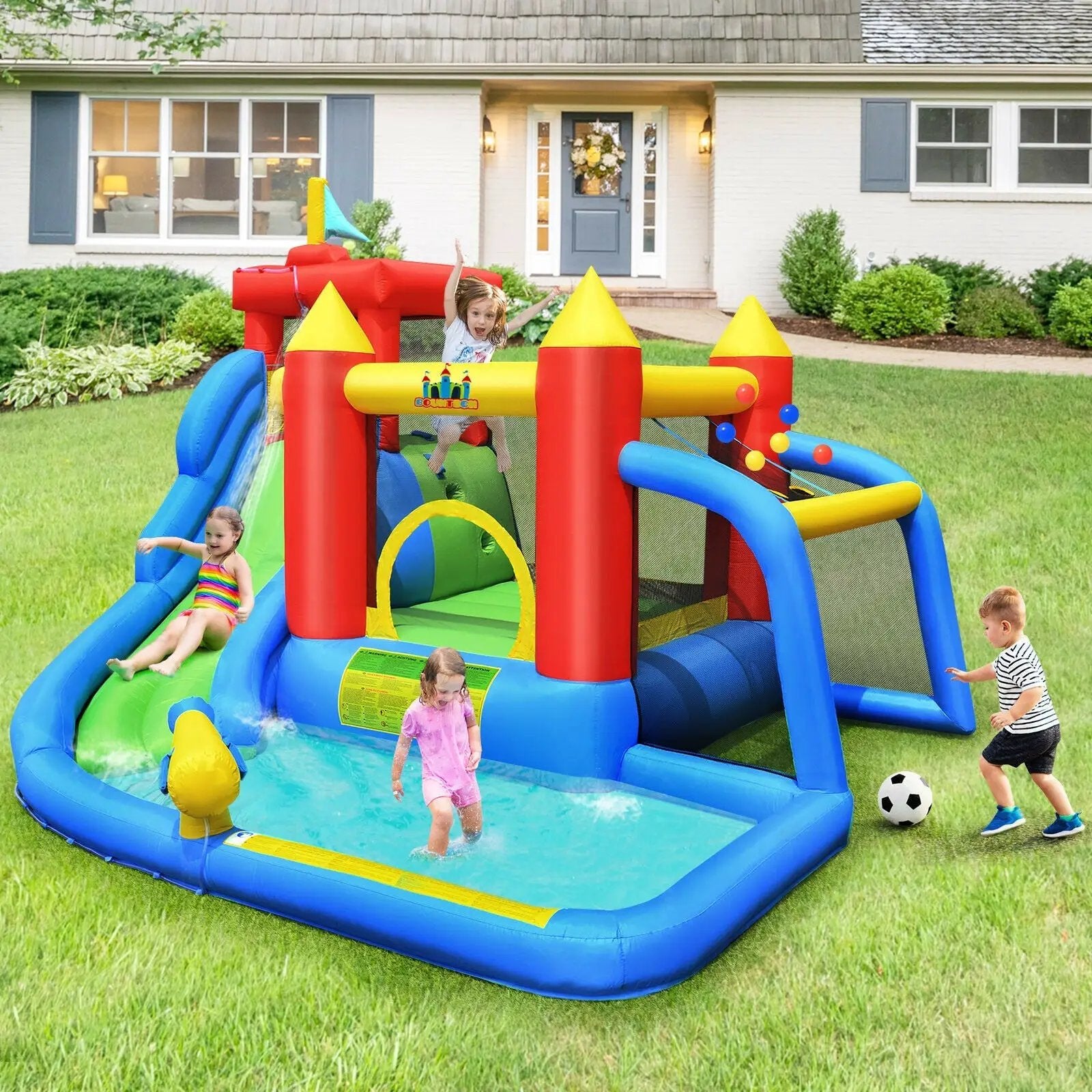 Inflatable Bouncer Bounce House with Water Slide Splash Pool without Blower by DirectDeals