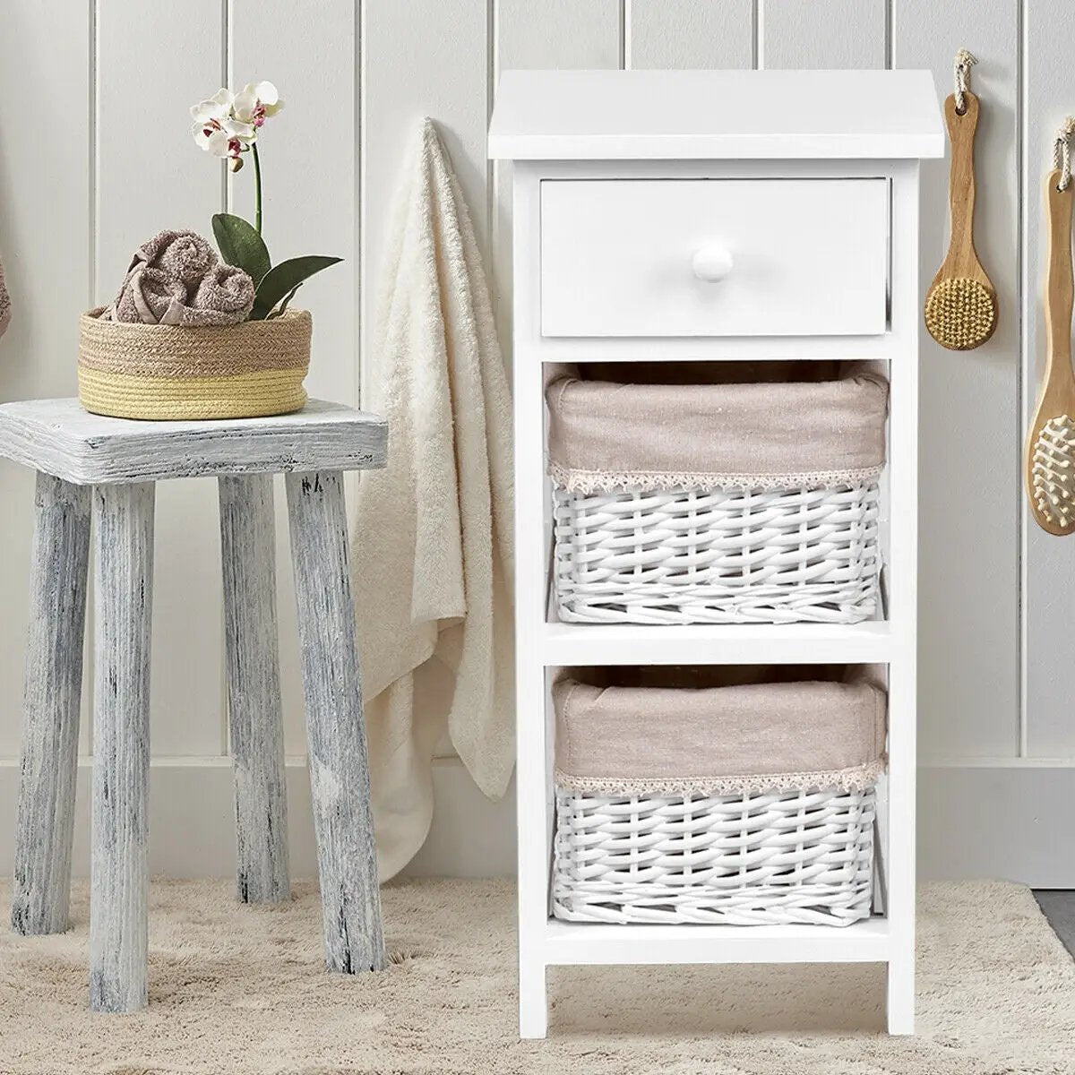 2 Pieces Bedroom Bedside End Table with Drawer Baskets-White by DirectDeals