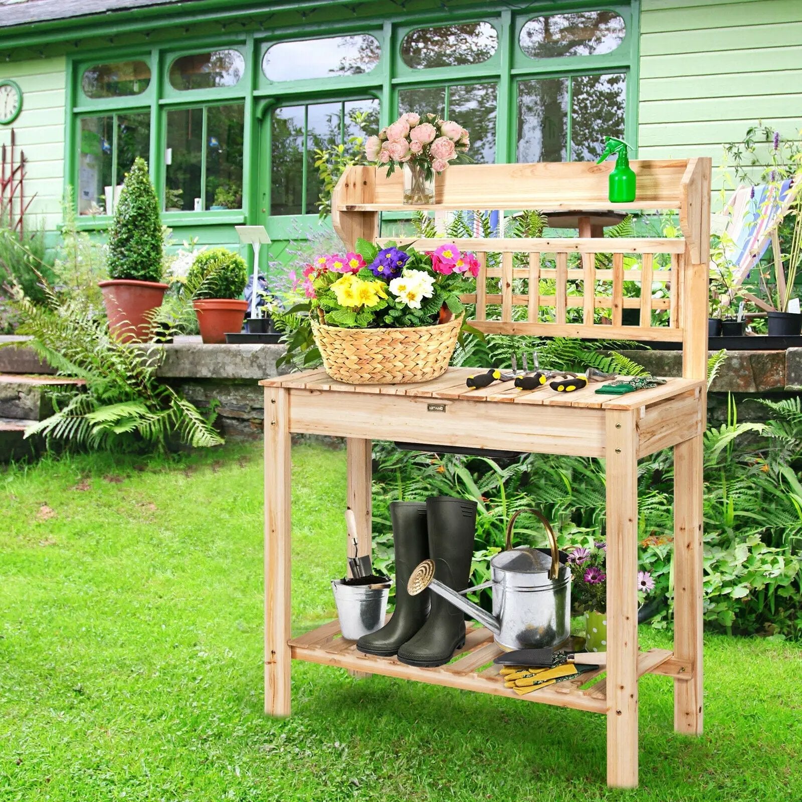 Garden Potting Bench Workstation Table with Sliding Tabletop Sink Shelves by DirectDeals