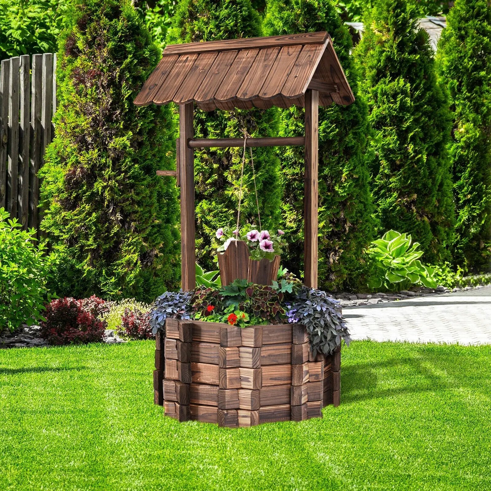 Outdoor Wooden Wishing Well Planter Bucket by DirectDeals