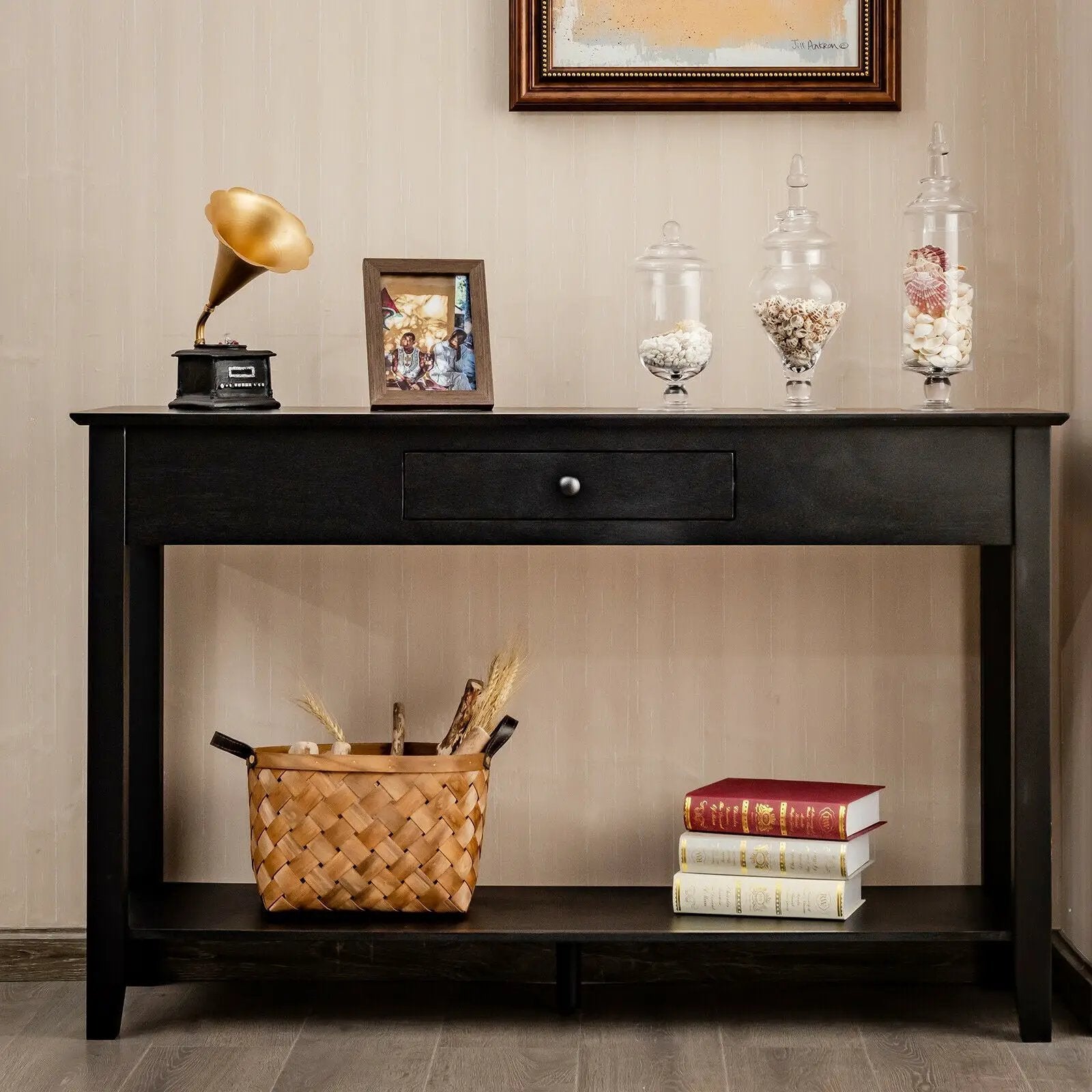 Console Sofa Side Accent Table with Drawer Shelf-Black by DirectDeals