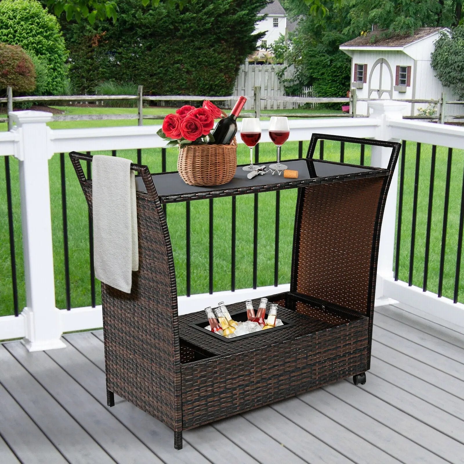 Patio Rattan Bar Serving Cart with Glass Top and Handle by DirectDeals