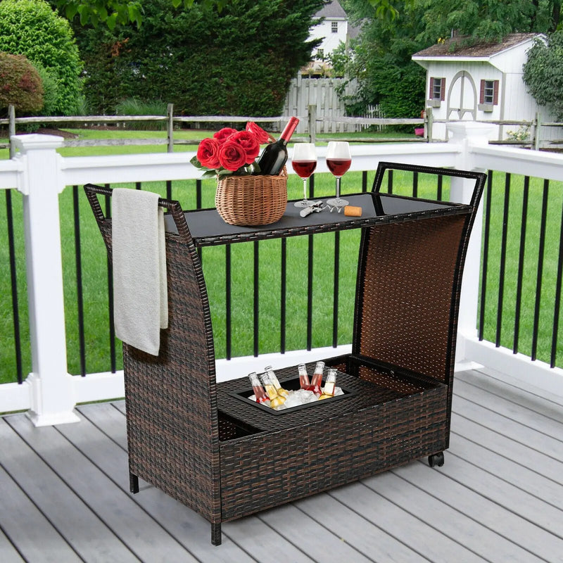 Patio Rattan Bar Serving Cart with Glass Top and Handle by DirectDeals