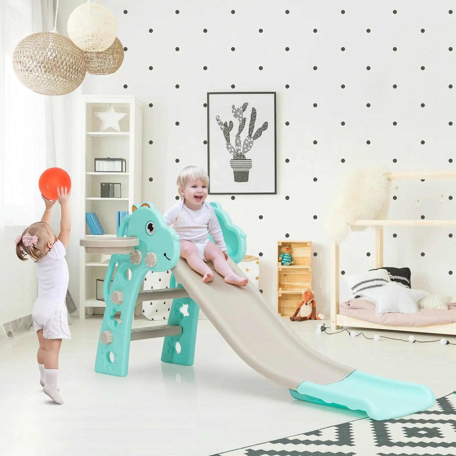3-in-1 Kids Slide Baby Play Climber Slide Set with Basketball Hoop by DirectDeals