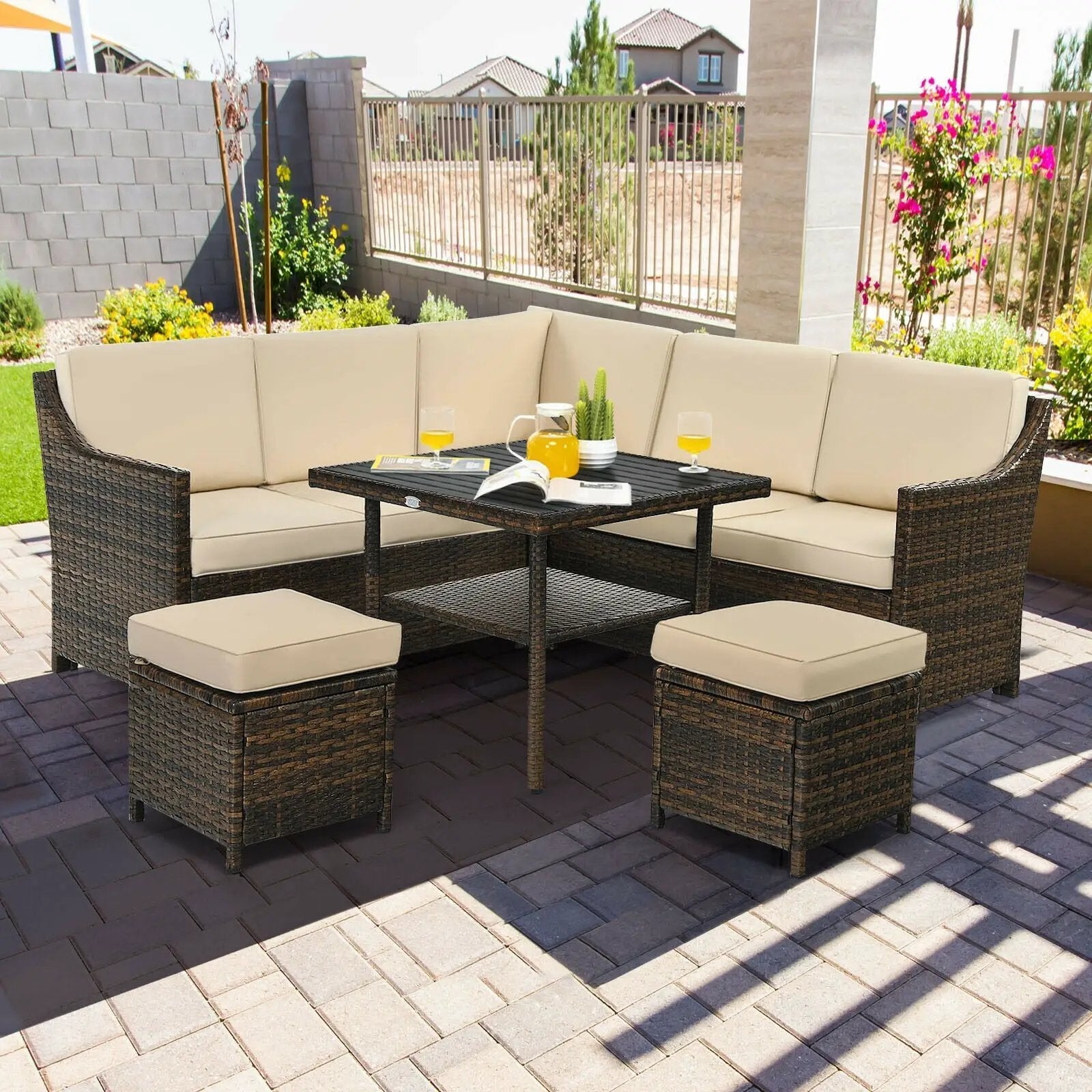 6 Pieces Patio Rattan Dining Sofa Funiture Set by DirectDeals