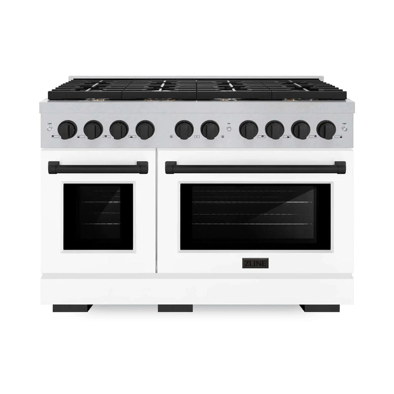 ZLINE 48"Paramount Dual Fuel Range DuraSnow® White Matte, Matte Black SDRSZ-WM-48-MB by Farmhouse Kitchen and Bath