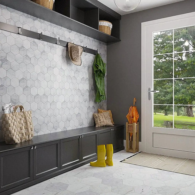 Carrara White 9x10 Honed Hexagon Marble Peel & Stick Tile (10 pack, 6.41 sq ft/case) by Apollo Tile