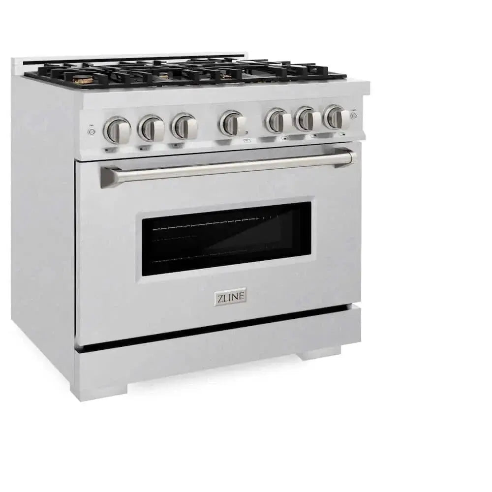 ZLINE 36" Classic Gas Range, Convection Gas Oven DuraSnow® Stainless Steel, Brass Burners CGRS-BR-36 by Farmhouse Kitchen and Bath
