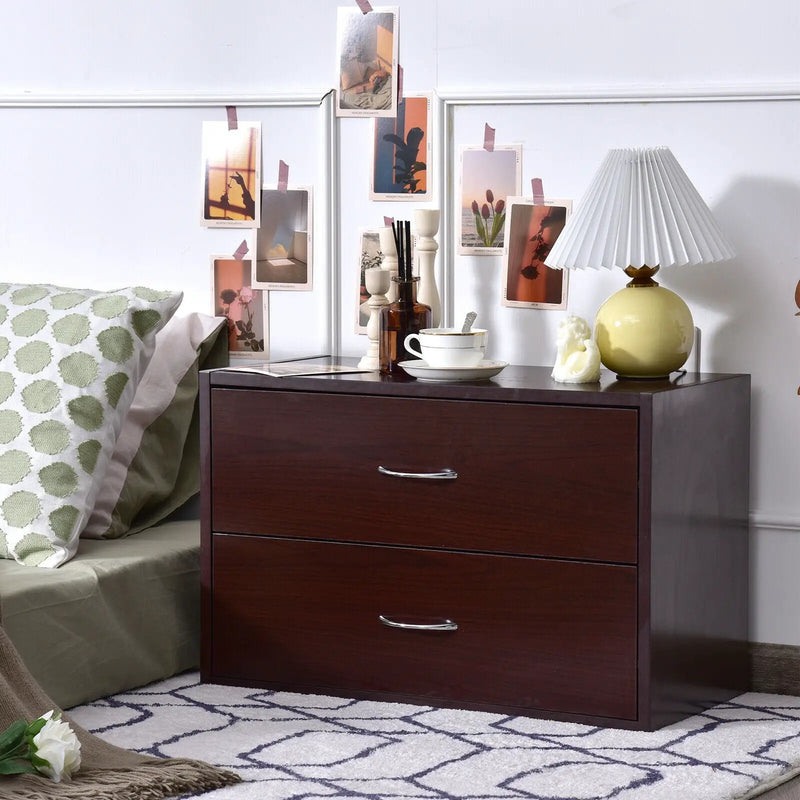 2-Drawer Dresser Horiztonal Organizer End Table Nightstand with Handle Wood-Brown by DirectDeals