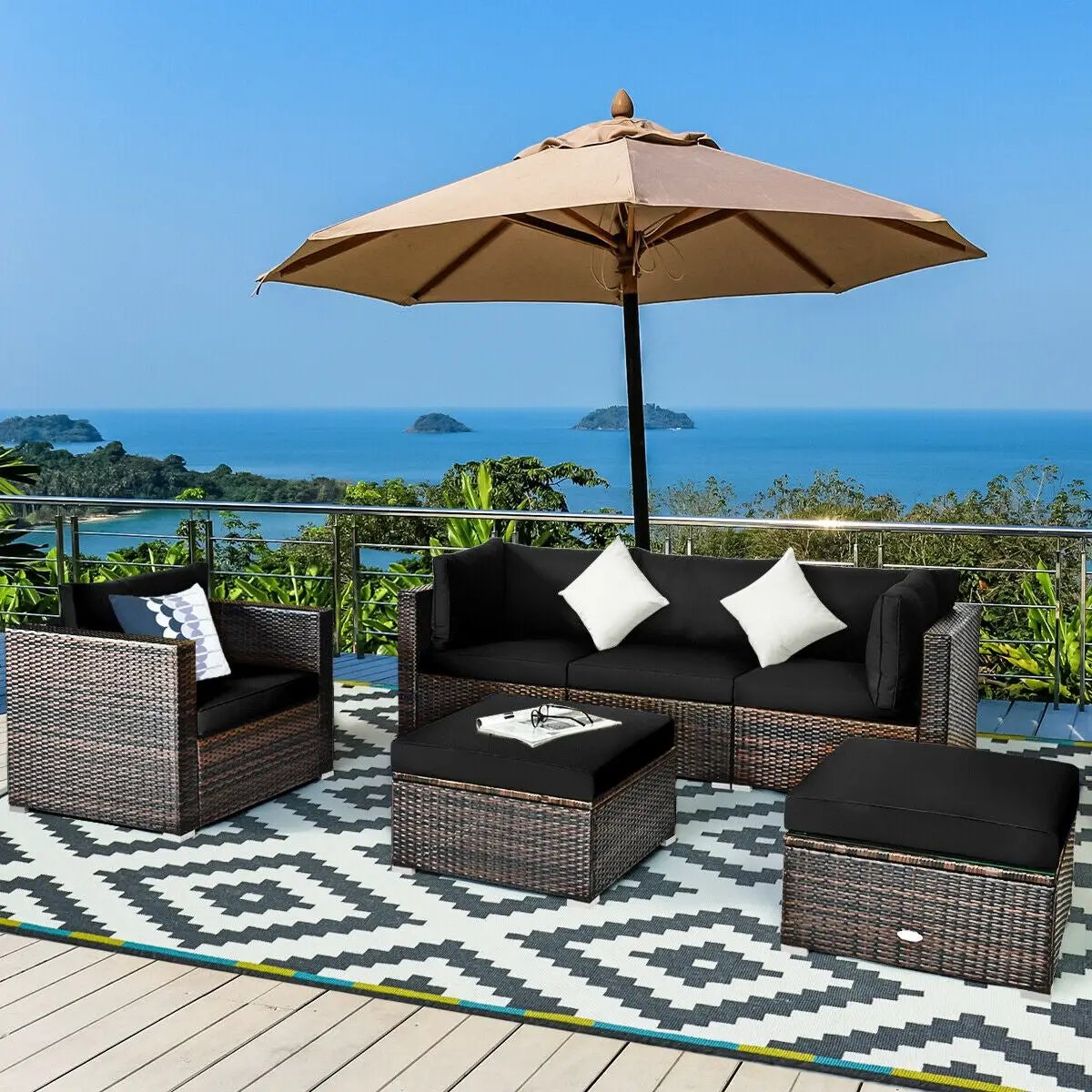 6 Pcs Patio Rattan Furniture Set with Sectional Cushion by DirectDeals