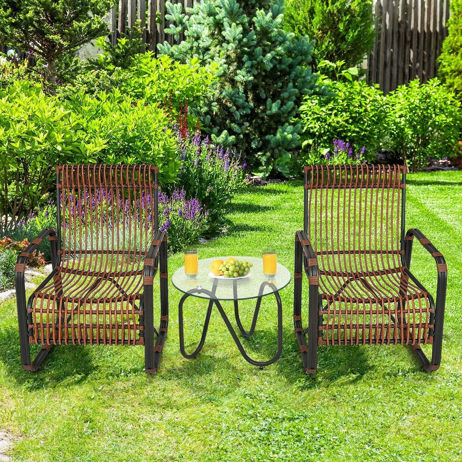 3 Pieces Patio Rattan Furniture Set with 2 Single Wicker Chairs and Glass Side Table by DirectDeals