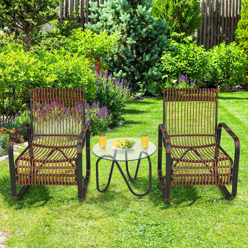 3 Pieces Patio Rattan Furniture Set with 2 Single Wicker Chairs and Glass Side Table by DirectDeals