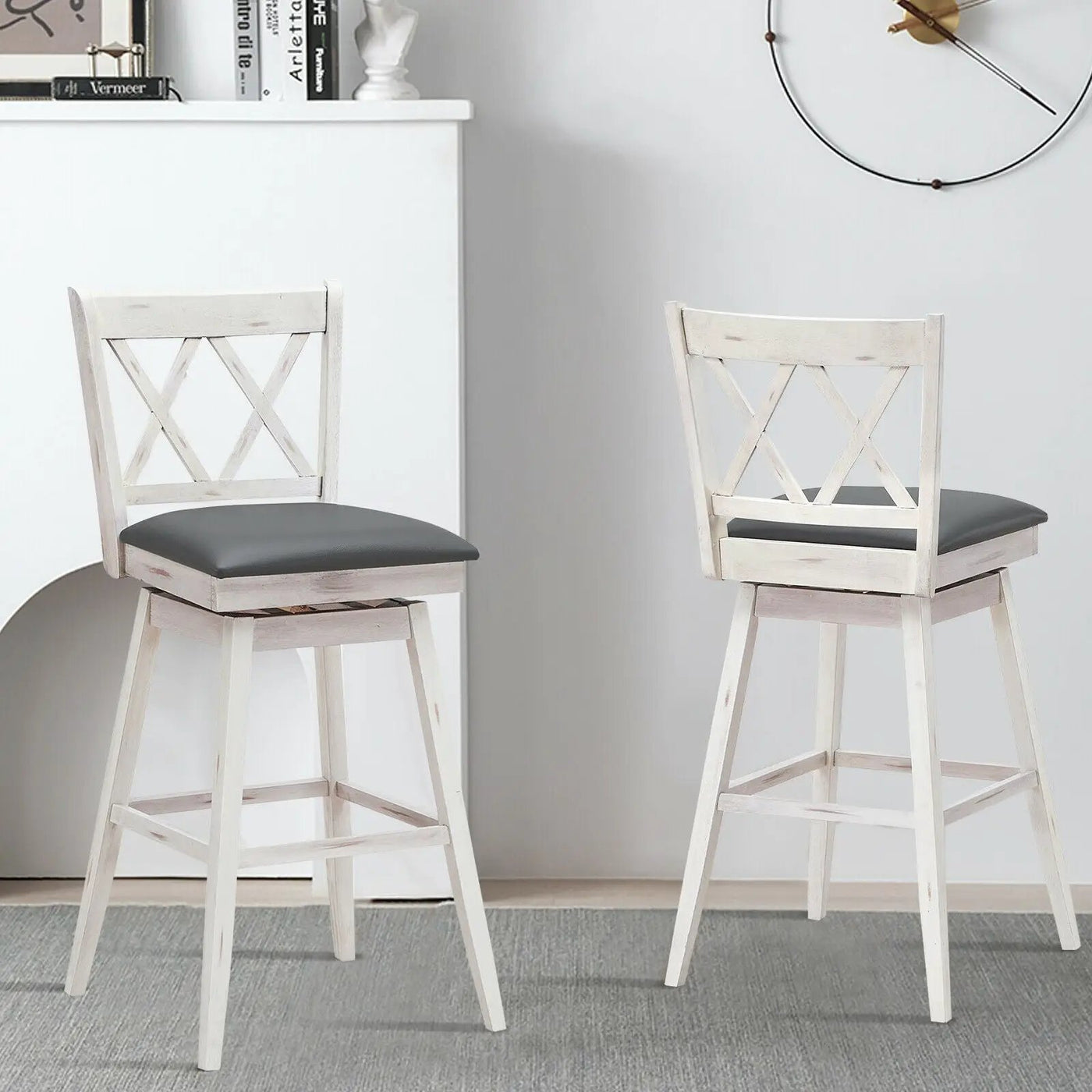 2 Pieces 29 Inches Swivel Counter Height Barstool Set with Rubber Wood Legs by DirectDeals