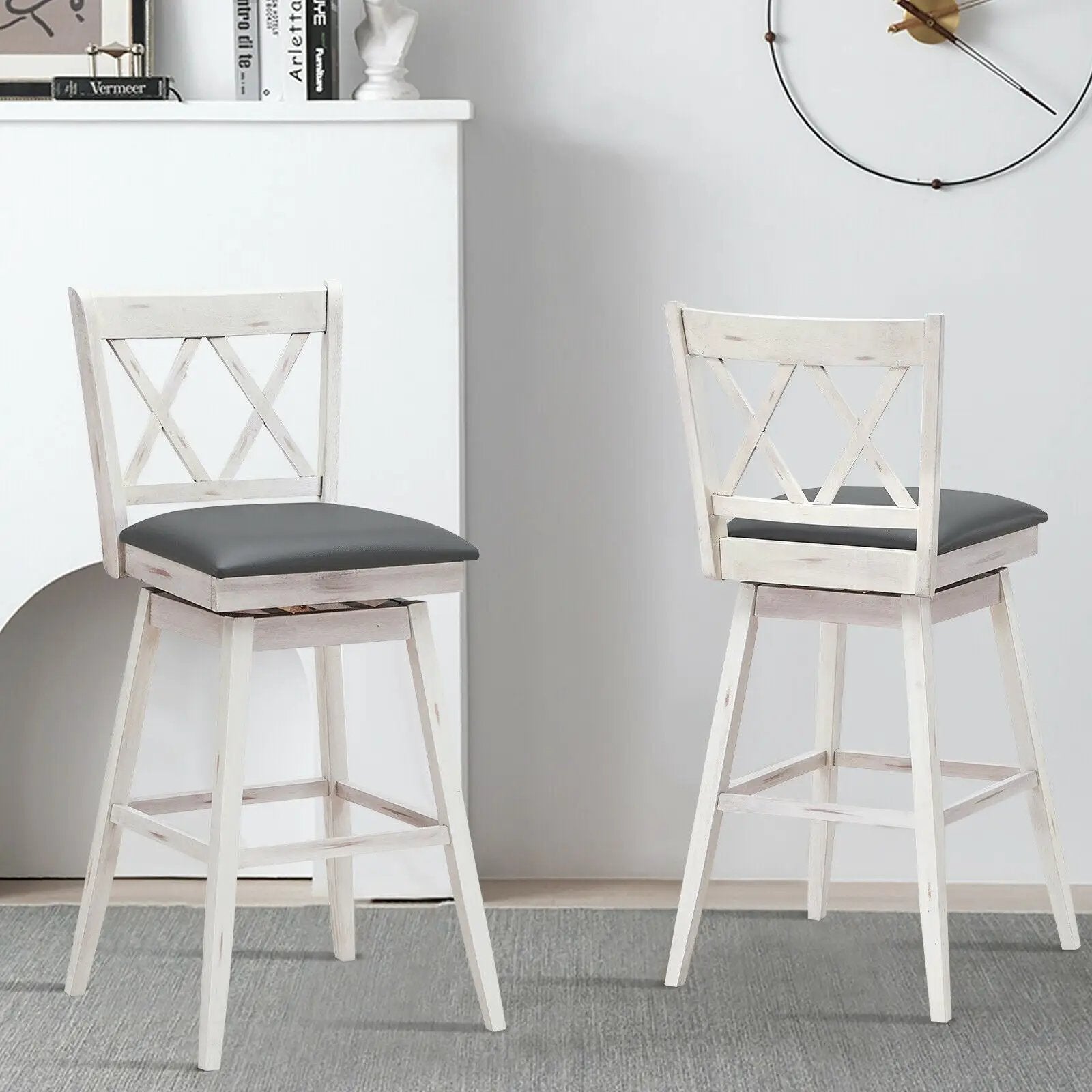 2 Pieces 29 Inches Swivel Counter Height Barstool Set with Rubber Wood Legs by DirectDeals