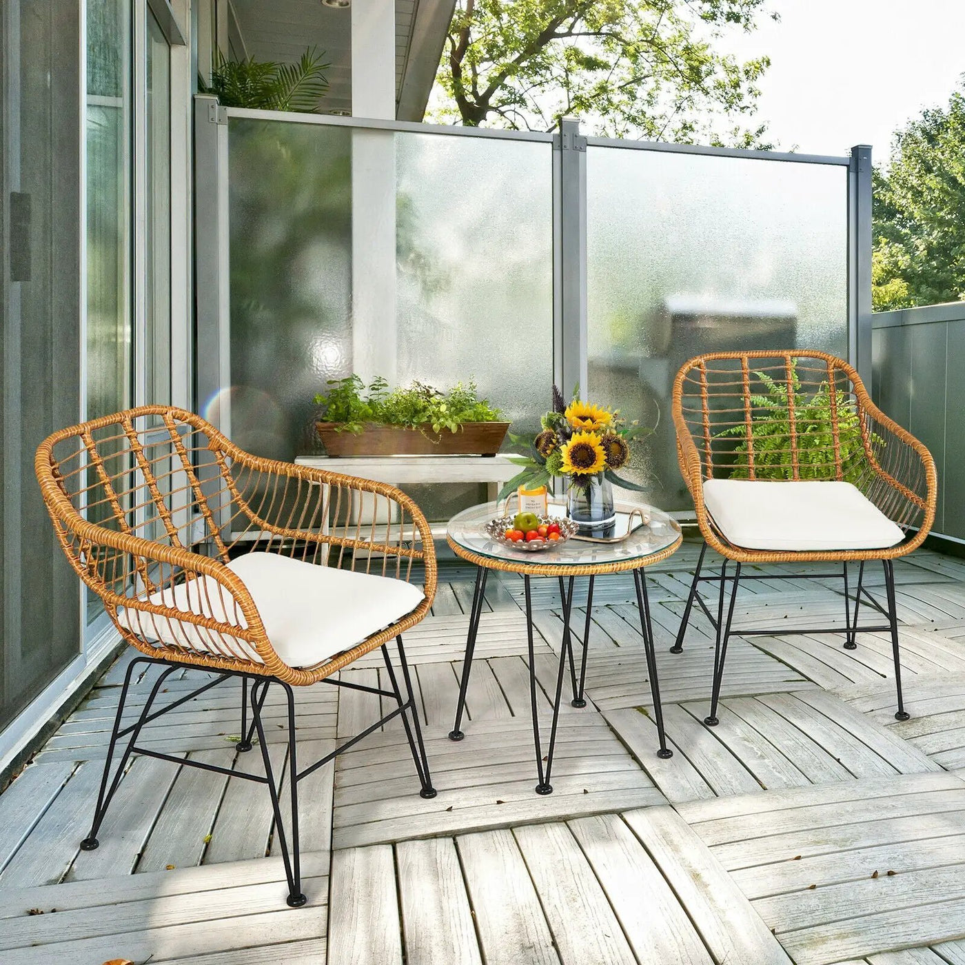 3 Pieces Rattan Furniture Set with Cushioned Chair Table by DirectDeals