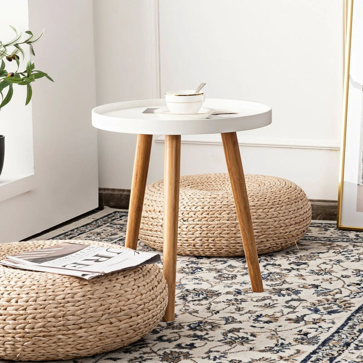 Mid Century Modern Round Side Sofa Coffee Table with Wooden Tray by DirectDeals