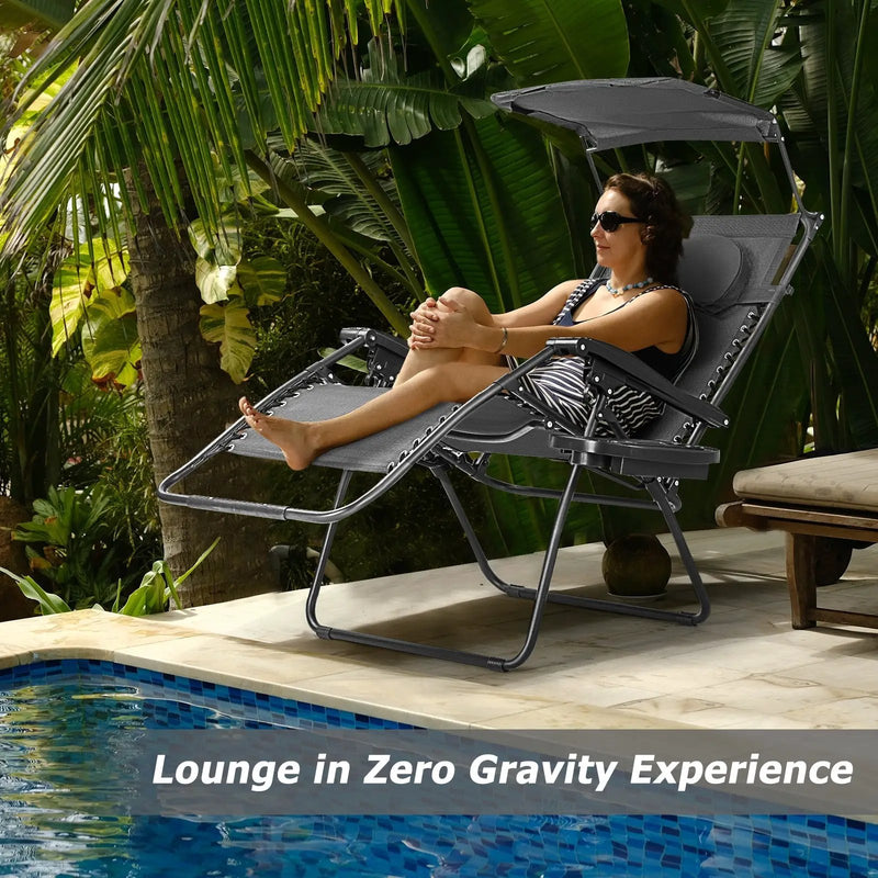 Folding Recliner Lounge Chair with Shade Canopy Cup Holder by DirectDeals