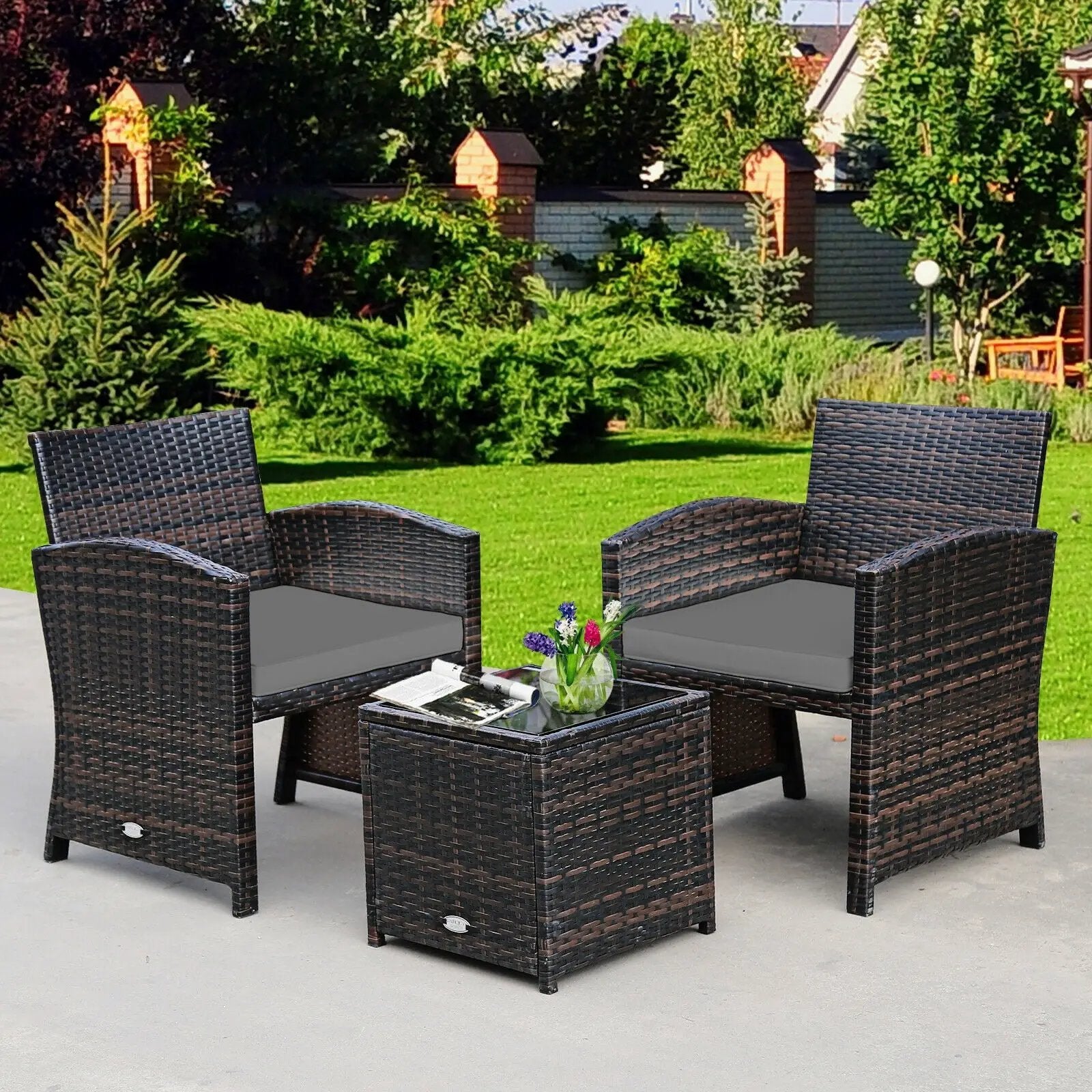 3 Pieces PE Rattan Wicker Furniture Set with Cushion Sofa Coffee Table for Garden by DirectDeals