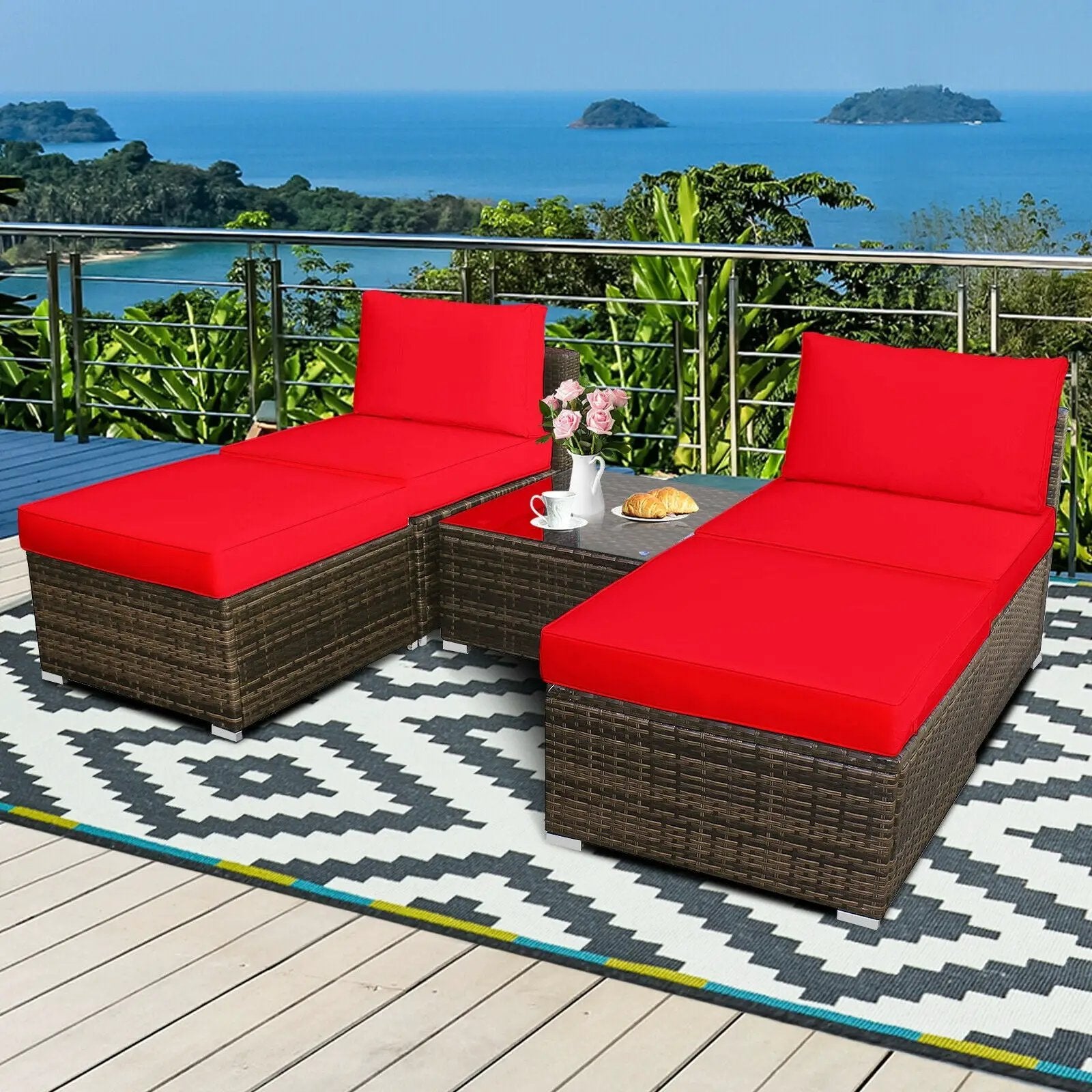 5 Pieces Patio Rattan Furniture Set with Cushioned Armless Sofa by DirectDeals