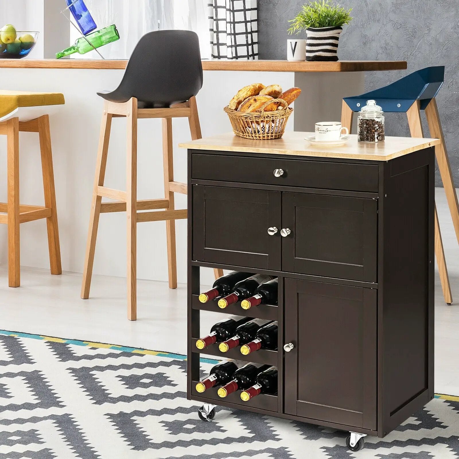 Kitchen Cart with Rubber Wood Top 3 Tier Wine Racks 2 Cabinets by DirectDeals