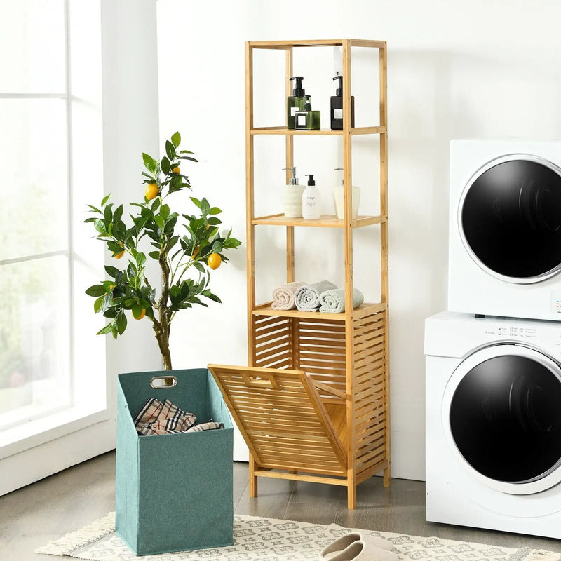 Bamboo Tower Hamper Organizer with 3-Tier Storage Shelves-Natural by DirectDeals