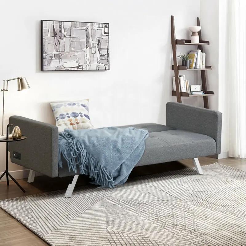 3 Seat Convertible Linen Fabric Futon Sofa with USB and Power Strip by DirectDeals