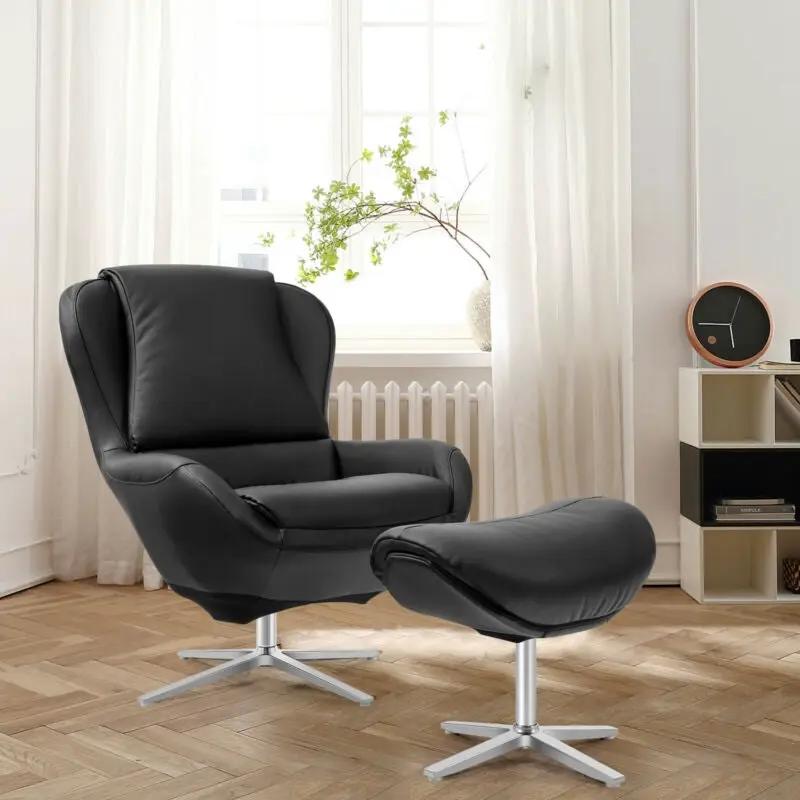 360¬∞ Swivel Leather Lounge Chair with Ottoman and Aluminum Alloy Base by DirectDeals