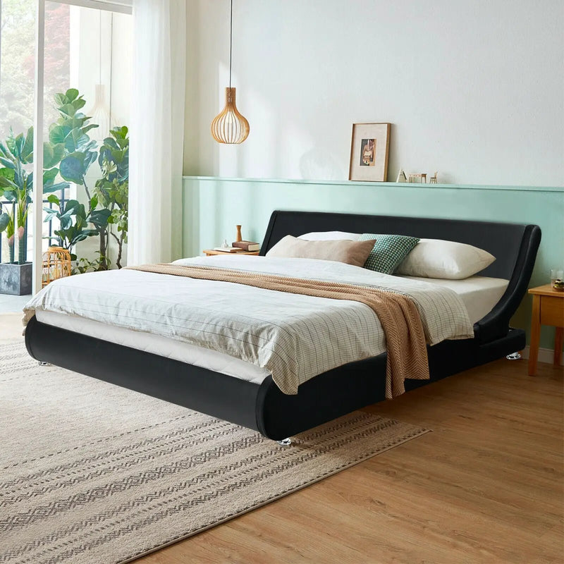 Queen Faux Leather Upholstered Platform Bed Frame Adjustable Headboard-Black by DirectDeals