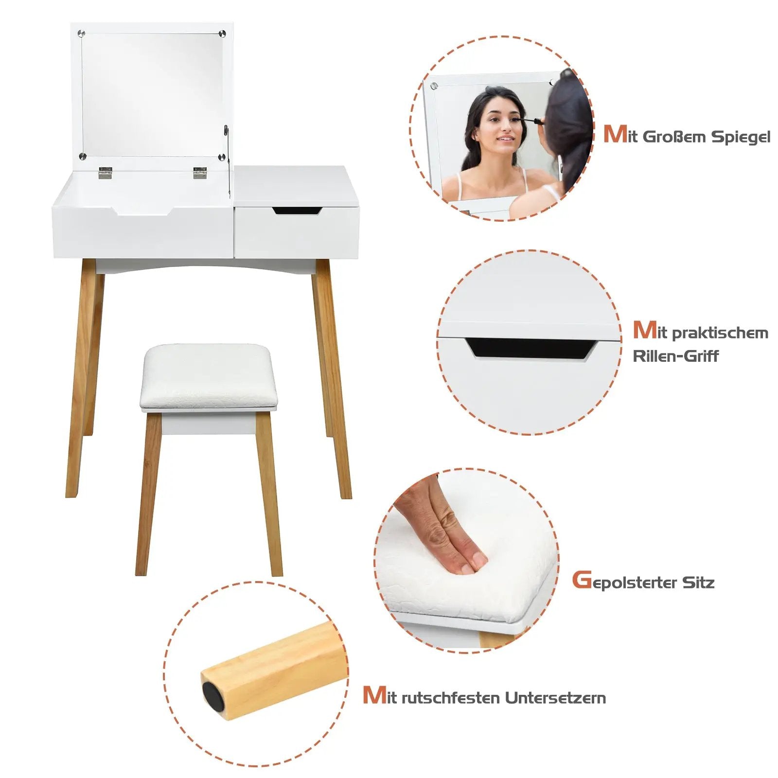Wooden Vanity Table with Flip Top Mirror and Cushioned Stool by DirectDeals