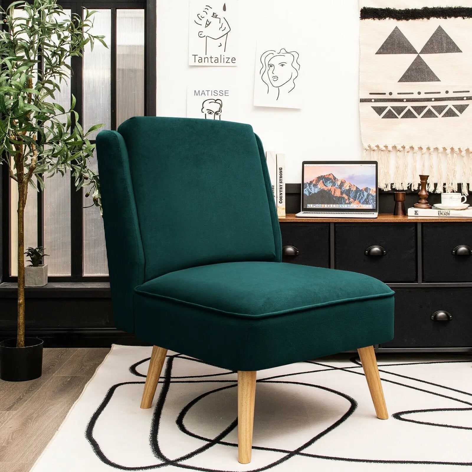 Velvet Accent Armless Side Chair with Rubber Wood Legs for Bedroom by DirectDeals