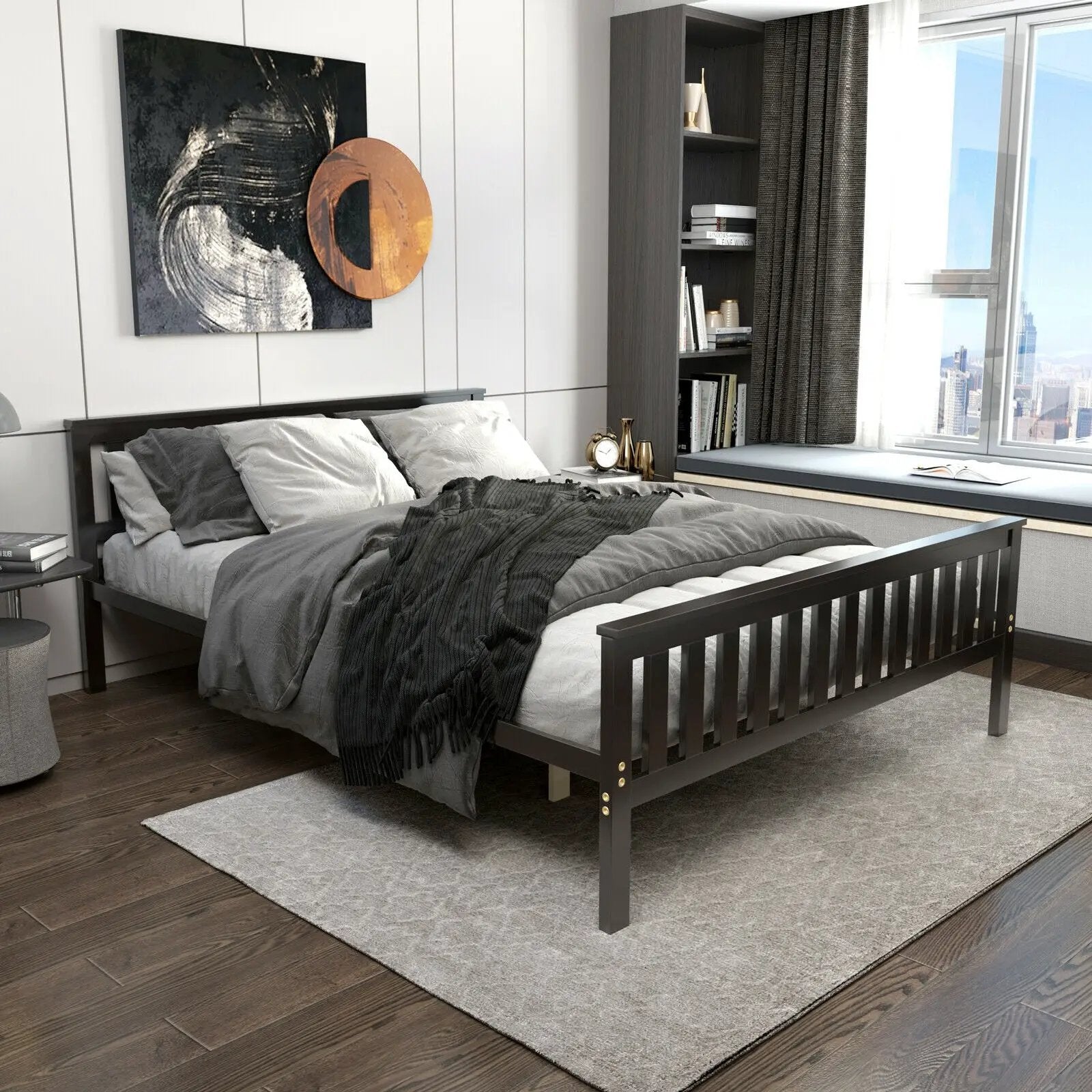 Queen Wood Platform Bed with Headboard by DirectDeals