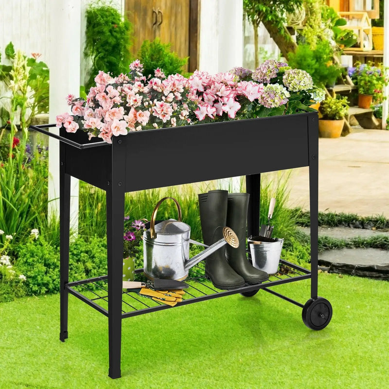 Raised Garden Bed Elevated Planter Box on Wheels Steel Planter with Shelf-Black by DirectDeals