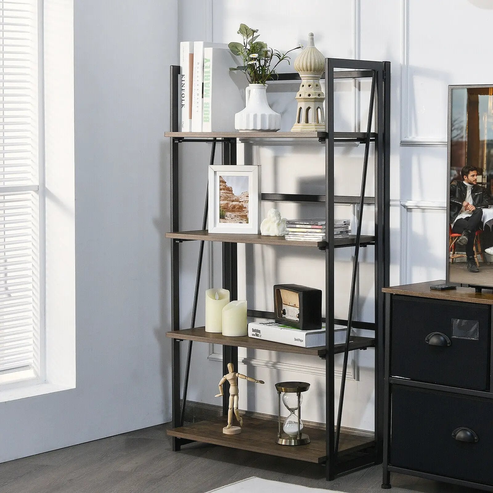 4-Tier Folding Bookshelf No-Assembly Industrial Bookcase Display Shelves by DirectDeals
