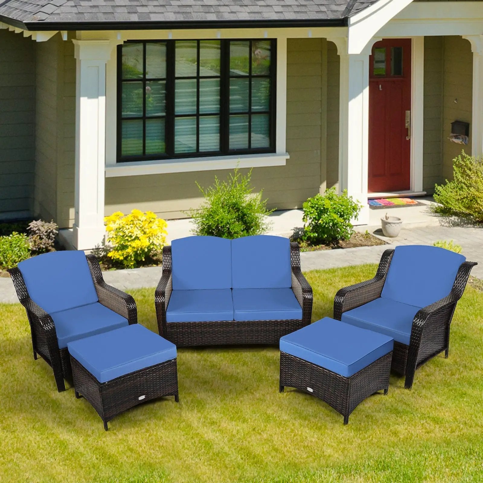 5 Pieces Patio Rattan Sofa Set with Cushion and Ottoman by DirectDeals