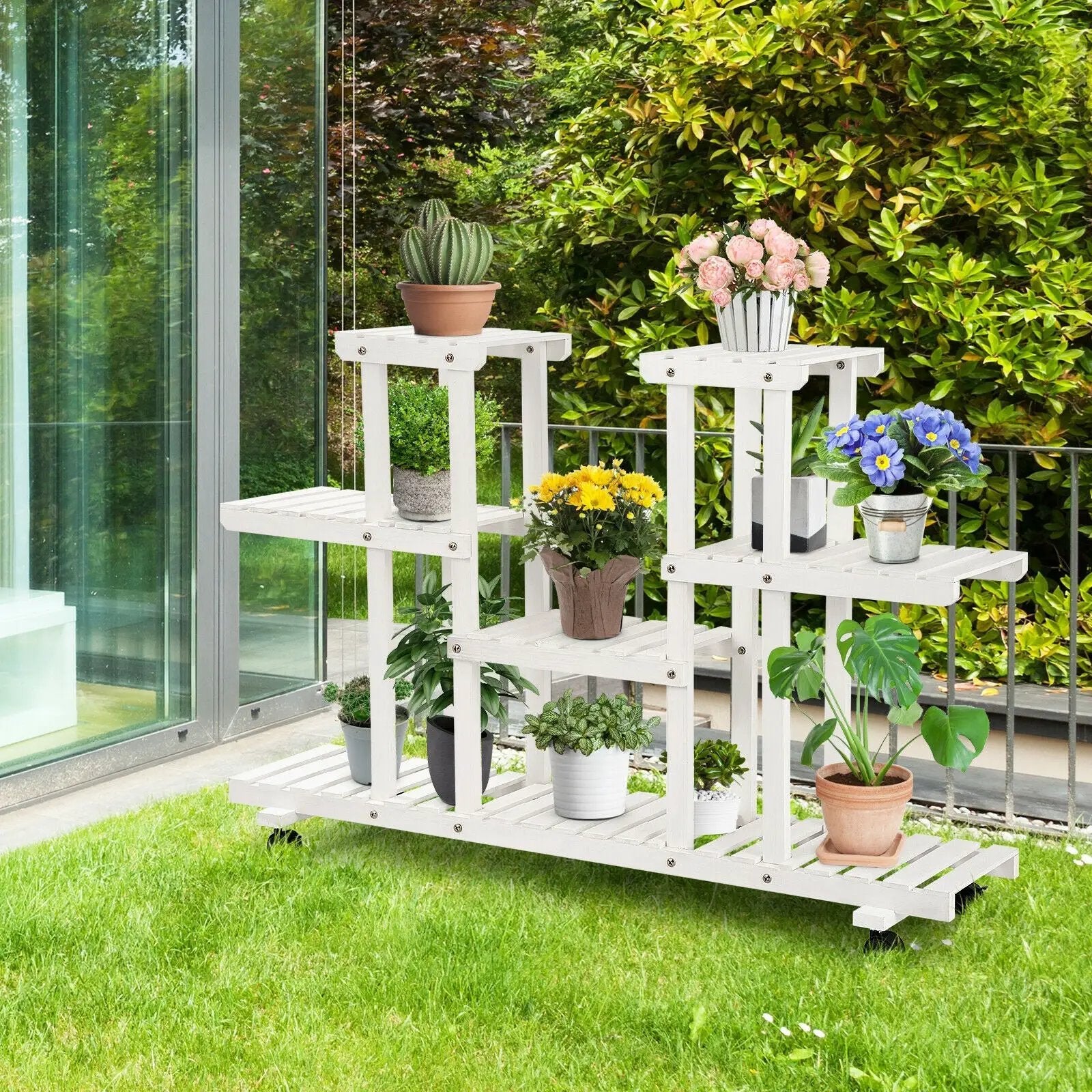 4-Tier Wood Casters Rolling Shelf Plant Stand by DirectDeals