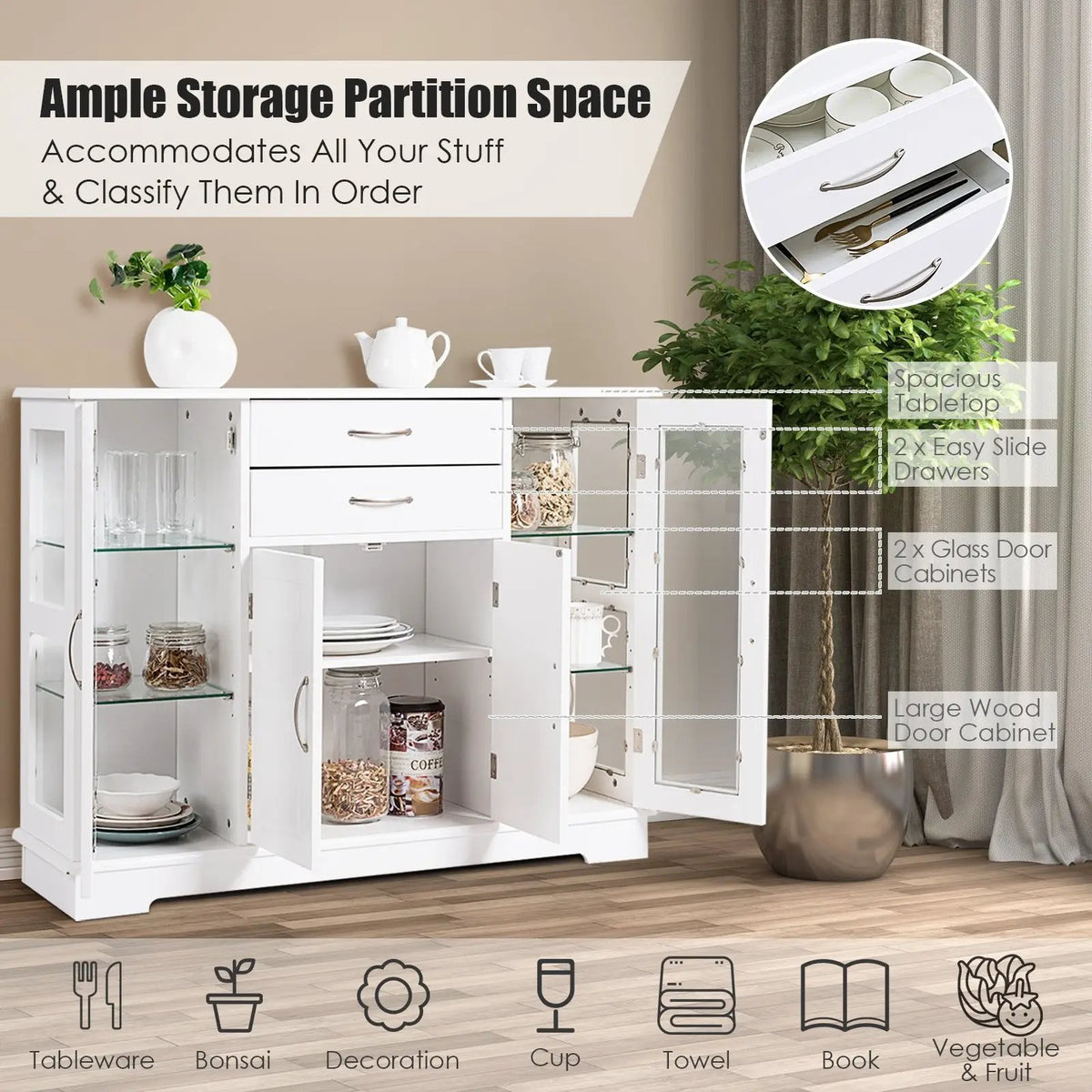 Sideboard Buffet Server Storage Cabinet with 2 Drawers and Glass Doors by DirectDeals
