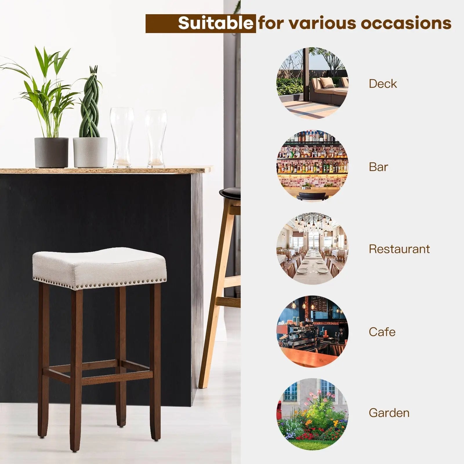 Set of 2 Nailhead Saddle Bar Stools 29 Inch Height by DirectDeals