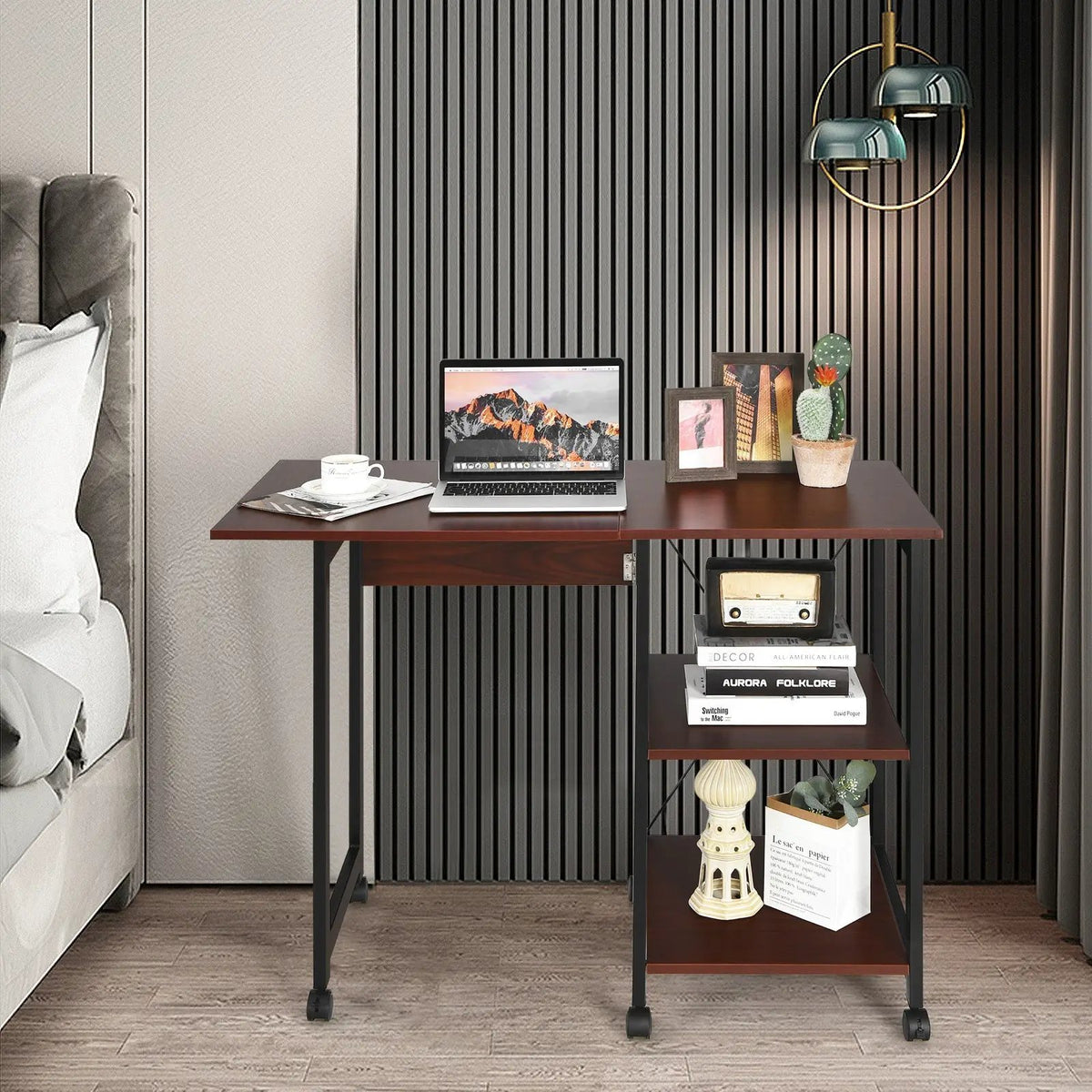 Rolling Folding Computer Desk with Storage Shelves by DirectDeals