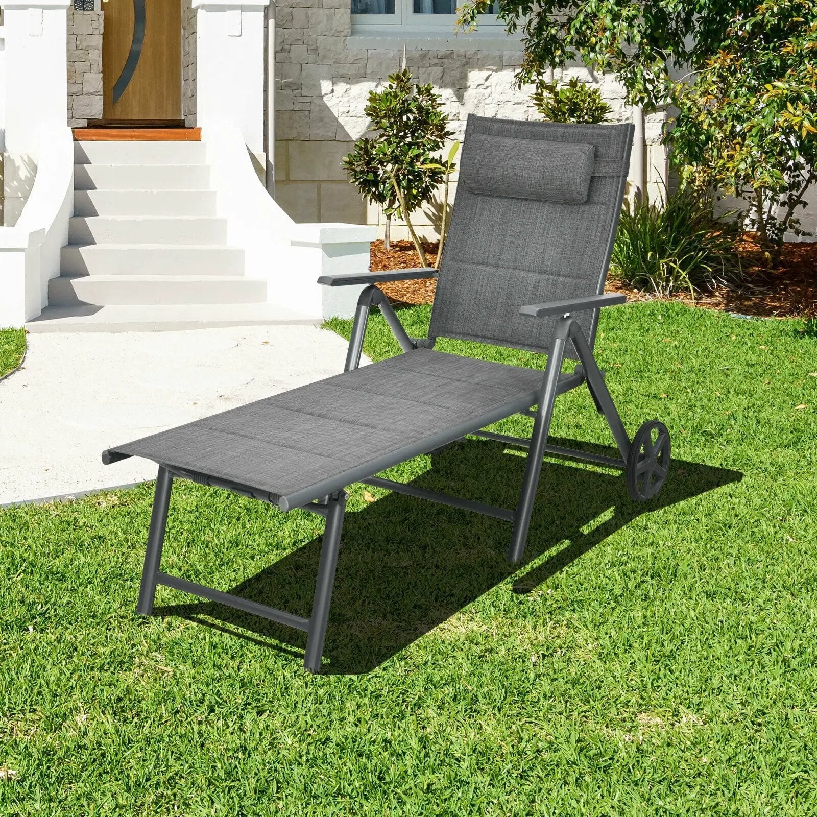 Patio Reclining Chaise Lounge with Adjust Neck Pillow-Gray by DirectDeals
