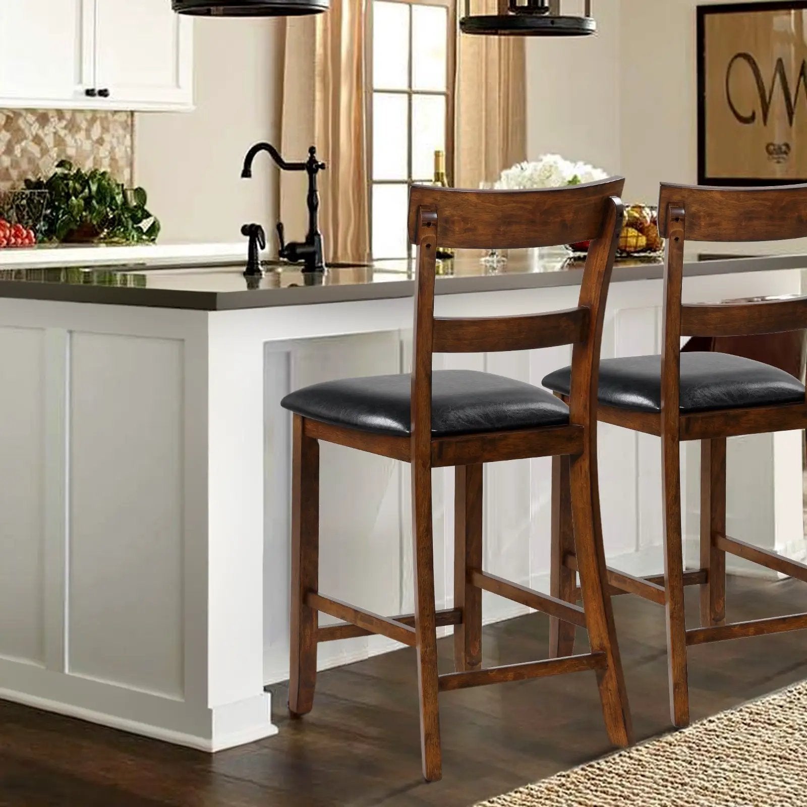 2 Pieces Counter Height Chair Set with Leather Seat and Rubber Wood Legs by DirectDeals